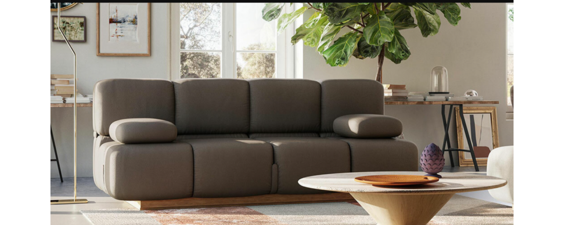 Raztegljiva sedežna garnitura SOHAY - Natuzzi v sivem usnju na lesenem podnožju