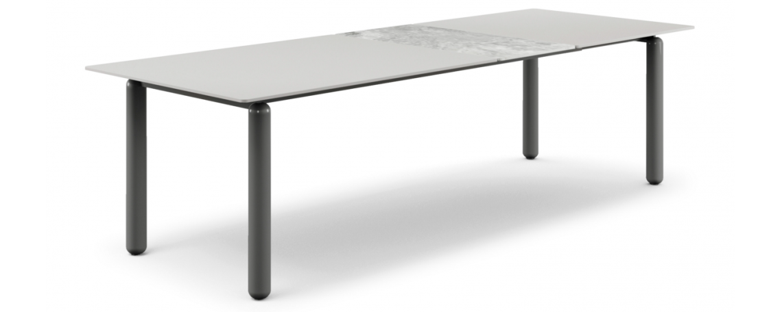 Raztegljiva miza VIRGOLA - Natuzzi z belo keramično ploščo in sivim kovinskim podnožjem