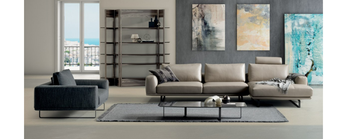Sedežna garnitura TEMPO by Manzoni & Tapinassi - Natuzzi v krem usnju in modri tkanini