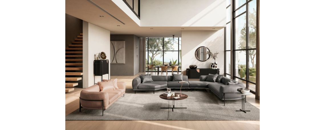 Modularna sedežna garnitura OBLO by Maurizio Manzoni - Natuzzi z udobnim sediščem v sivem usnju in roza tkanini