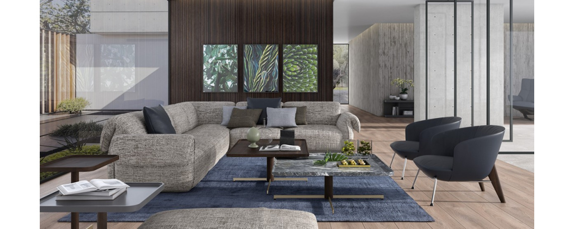 Sedežna garnitura ICON by Michele Menescardi - Natuzzi v sivi tkanini in modrem tapeciranem usnju