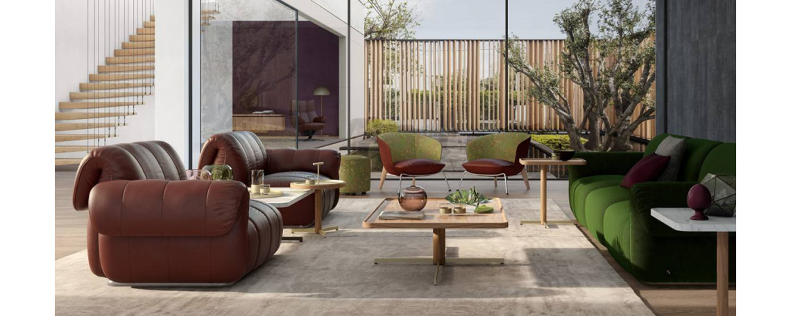 Sedežna garnitura ICON by Michele Menescardi - Natuzzi v zeleni tkanini in rdečem tapeciranem usnju