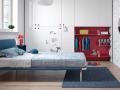 Otroška soba NIDI - C by Battistella - Maros - Otroška soba NIDI - C by Battistella - Maros z belo omaro s poslikavami in z modro posteljo, z rdečo odprto omaro