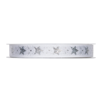 Dekorativni trak, 15 mm, zvezdice, bel - srebrn, 1 meter