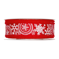 Dekorativni trak, 35 mm, snežinke, rdeč, 1 m