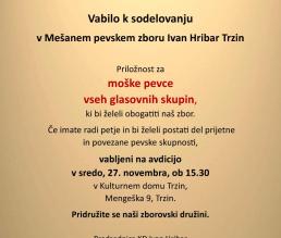 Vabilo k sodelovanju v Mešanem pevskem zboru Ivan Hribar Trzin