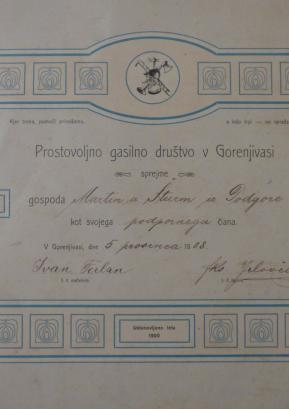 Vpisna listina Prostovoljnega gasilnega društva Gorenja vas iz leta 1908 FOTO: JURE FERLAN