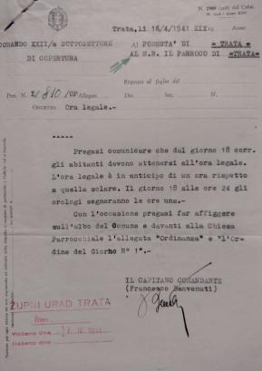 Dopis, ki ga je poveljnik okupacijskih sil poslal na občino in župnijo Trata FOTO: JURE FERLAN