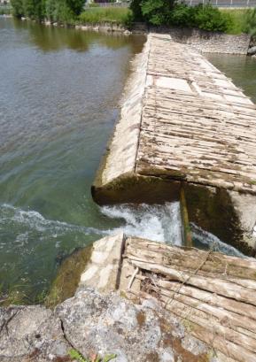 Pregrada ribje steze na jezu v Gorenji vasi je poškodovana in pušča, zato je nivo vode za jezom prenizek, kar slabo vpliva na ribe. FOTO: JURE FERLAN