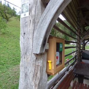 Novi defibrilator v Hotovlji je nameščen na spomeniškem kozolcu domačije pr' Fartun. FOTO: JURE FERLAN