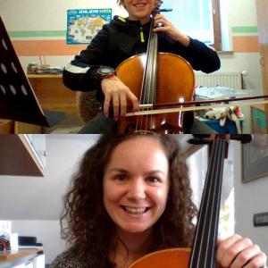 Tian Buh in Nika Selak med spletno uro violončela FOTO: ARHIV GŠ ŠKOFJA LOKA
