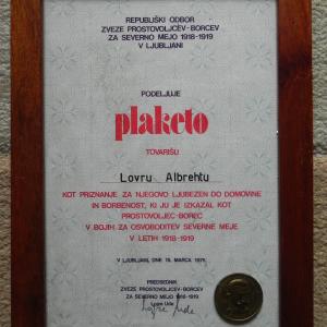 Plaketa, ki jo je prejel Lovrenc Albreht iz Žirov