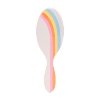 Bela Wet Brush detangling krtača z mavričnimi linijami in rumeno blazinico s ščetinami.