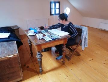 Maja Šubic v ustvarjalnem elementu. Obiskovalcem je prijazno odgovarjala na vprašanja v zvezi s slikanjem. FOTO: JURE FERLAN