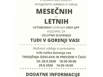 Izdelava in nakup mesečnih/letnih IJPP vozovnic v Gorenji vasi