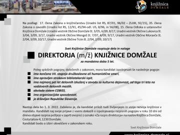 Razpis za delovno mesto direktorja (m/ž) Knjižnice Domžale