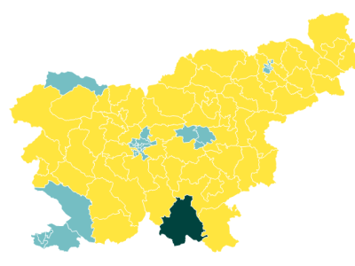 Večina Slovenije je obarvane rumeno, kar pomeni največ glasov za Anžeta Logarja, povsem rumeni sta tudi volilni enoti Celje in Maribor. (Vir: DVK)