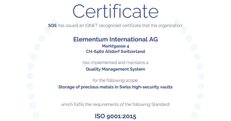 Elementum International AG erfolgreich nach ISO 9001 zertifiziert