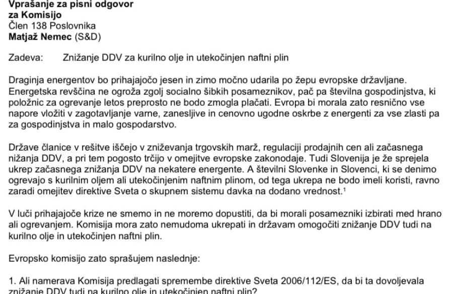 Nemec Komisijo pozval k nižjem DDV za kurilno olje