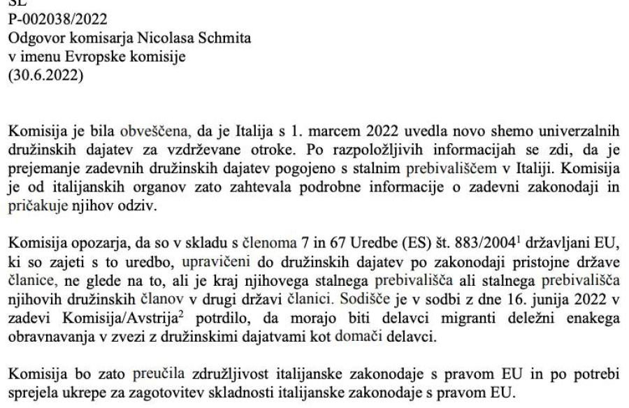 Odgovor Komisije glede otroških dodatkov